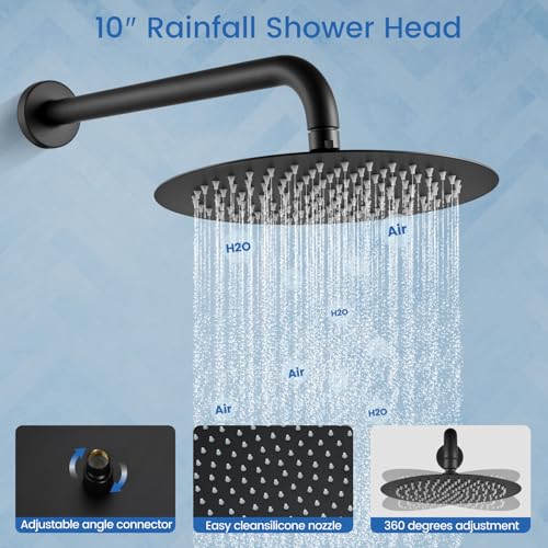 Airuida 3-Function Shower System with Tub Spout – Round Rainfall Shower Faucet Combo,Handheld Spray with 2 Functions,Includes Rough-In Valve with 360° Rotating Drain,10 Inch Shower Head,Matte Black - color: Matte Black, size: 10 Inch