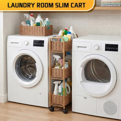 Utility Slim Storage Cart,3-Tier Rolling Kitchen Office Laundry Room Cart,Mobile Shelving Unit Organizer for Living Room Bathroom Baby Diaper Narrow Places (Natural, 3 Tiers-7.1 inch (W)) - color: Natural