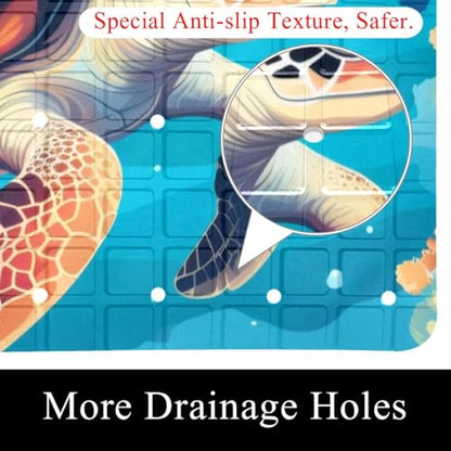 Bath Tub Mat Non Slip 15.1 x 26.8 Inch, Sea Turtle Eco Friendly Bathmat with Suction Cups Drain Holes Shower Tub Mats - color: Multi 01