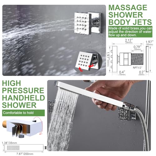HOMEDEC 15.7x31.5" Rainfall Shower Head System, with 6 Body Jets with Handheld and Dual Side 6" Wall Mount Head, Chrome - color: Chrome, style: 5-Way + 2x 6" Top