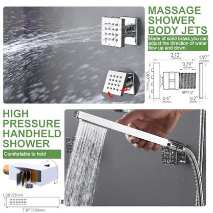 HOMEDEC 15.7x31.5" Rainfall Shower Head System, with 6 Body Jets with Handheld and Dual Side 6" Wall Mount Head, Chrome - color: Chrome, style: 5-Way + 2x 6" Top