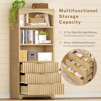 63.3" Tall Bookshelf, Bookshelves and Bookcases with Drawers, Arched Design Bookcase with Storage Cabinet, Natural Wood Grain Wave Pattern Storage Shelves for Living Room, Bedroom,Office - color: Brown