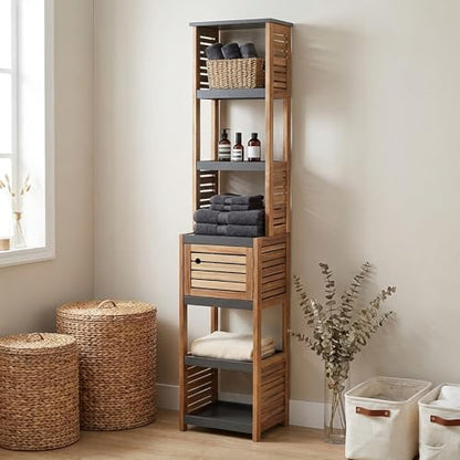 Tall Bathroom Storage Cabinet, Vented Door, Linen Tower, Slim, Brown-Gray | Engineered Wood, Art Deco, Space-Saving Bathroom Storage, Easy Assembly, Fits Small Bathrooms, Laundry, Hallway