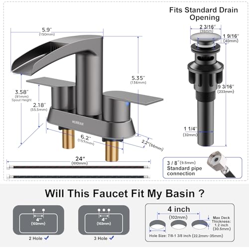 Bathroom Sink Faucet for 3 Hole, Hurran 4 Inch Bathroom Faucets with Pop-up Drain, Stainless Steel 2-Handle Waterfall Faucet for Bathroom Sink, Brushed Grey - color: Brushed Grey