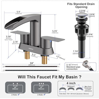 Bathroom Sink Faucet for 3 Hole, Hurran 4 Inch Bathroom Faucets with Pop-up Drain, Stainless Steel 2-Handle Waterfall Faucet for Bathroom Sink, Brushed Grey - color: Brushed Grey