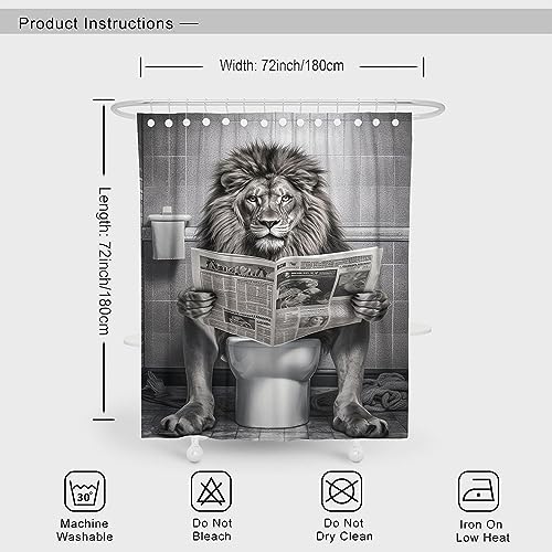 Funny Lion Shower Curtain, Fancy Humor Leo Animal on Toilet Shower Curtains Set, Black and White Funky Shower Curtains, Large Cat Man Grey Bathroom Curtain 72x72 inch | Fancy Humor Leo Animal on Toilet Shower Curtains Set, Funky Shower Curtains , Large Ca