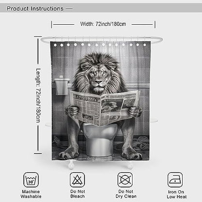 Funny Lion Shower Curtain, Fancy Humor Leo Animal on Toilet Shower Curtains Set, Black and White Funky Shower Curtains, Large Cat Man Grey Bathroom Curtain 72x72 inch | Fancy Humor Leo Animal on Toilet Shower Curtains Set, Funky Shower Curtains , Large Ca
