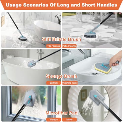 Long Handled Scrub Brush for Shower,3-in-1 Cleaning Brushes with 3 Different Function Cleaning Heads Brush for Shower Cleaning Bathroom Kitchen Walls Tub Tile (Grey) - color: Gray
