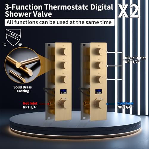 Dual Shower Mixer 6 Way Full Body Shower Head System Rain 12+8+8 Inch With Wall Mount 6 Pcs Jets 2 Handheld Shower Diverter Valve Digital Display Fauct Set,Brushed gold - color: Brushed gold