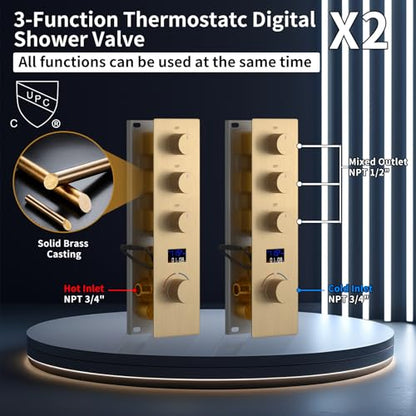 Dual Shower Mixer 6 Way Full Body Shower Head System Rain 12+8+8 Inch With Wall Mount 6 Pcs Jets 2 Handheld Shower Diverter Valve Digital Display Fauct Set,Brushed gold - color: Brushed gold