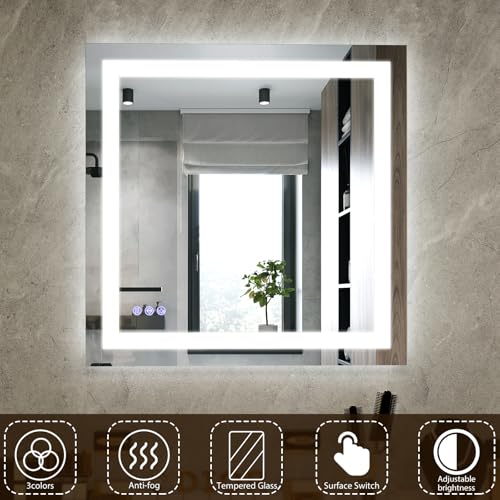 30"x30" Square Bathroom Mirror with Lights 3 Adjustable Modes | LED Bathroom Vanity Mirror for Over Sink, Anti-Fog, Memory Function, Tempered Glass, Wall Mounted Horizontally Vertically - size: 30"L x 30"W