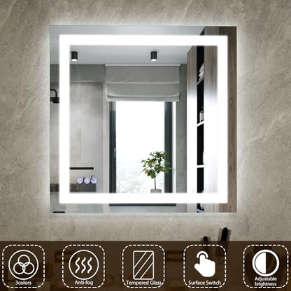 30"x30" Square Bathroom Mirror with Lights 3 Adjustable Modes | LED Bathroom Vanity Mirror for Over Sink, Anti-Fog, Memory Function, Tempered Glass, Wall Mounted Horizontally Vertically - size: 30"L x 30"W
