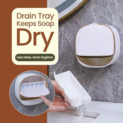 Wall Mounted Soap Holder with Drain Tray, 2 Pack Waterproof Soap Dish with Flip Lid, Self Draining Soap Bar Holder for Shower, Bathroom & Kitchen