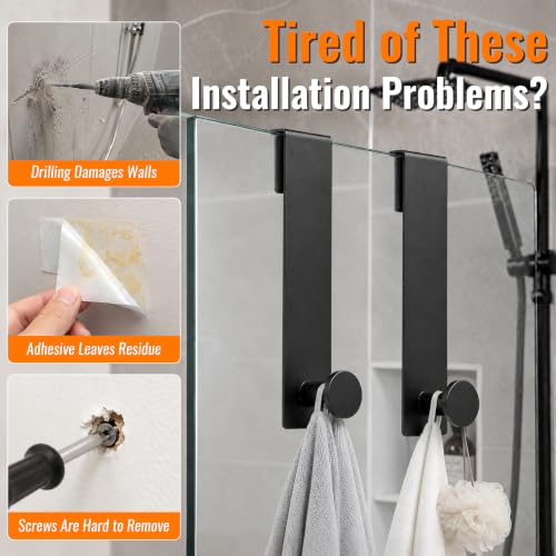 Over Glass Shower Towel Hooks, Shower Door Hooks, Black, 2 Pack | 7.5 inch Length, Stainless Steel, Heavy Duty, Easy Installation, Soft Padding, Shower Towel Hooks For Glass Shower Door
