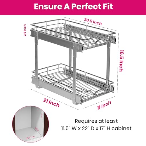 2-Tier Pull-Out Cabinet Organizer for Kitchen, 11" W x 21”D x 16.5" H | Full-Extension Sliding Shelves, Holds 100 lbs, Easy Install for Kitchen, Pantry & Under Sink Cabinets - size: 11 Inch