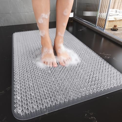 Shower Foot Scrubber Mat, Non Slip Shower Mat Transparent 16"x27" | Silicone Exfoliating With Suction Cups And Drain Holes, Quick Drying Soft Bathtub Mat, Machine Washable Drainage Bathroom Mat - color: Transparent