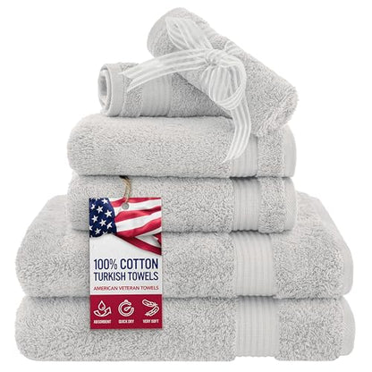 American Veteran Towel, 6 Piece Towel Set for Bathroom, 100% Cotton Turkish Bathroom Towels, 2 Bath Towels 2 Hand Towels 2 Washcloths, Silver Grey - color: Silver Grey, size: X Large 6 PC
