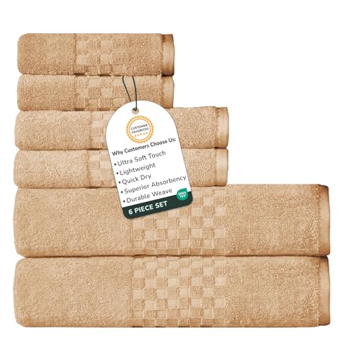 Feather & Stitch 100% Cotton 625 GSM Bath Towel Set of 6, Ultra Soft Highly Absorbent 2 Bath Towels, 2 Hand Towels & 2 Washcloth - Luxury Quick Dry Shower Towels (Taupe) - color: Taupe