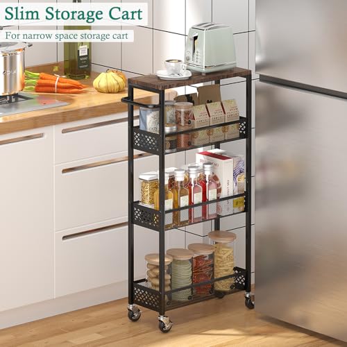 XYZLVSI Utility Slim Storage Cart, 4 Tier Kitchen Narrow Shelf on Wheels | 7.1" W skinny rolling cart with wooden top and metal handle, ideal for bathroom/dorm/office, between washer and dryer storage - size: 16.7"Dx7.1"Wx34"H