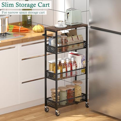 XYZLVSI Utility Slim Storage Cart, 4 Tier Kitchen Narrow Shelf on Wheels | 7.1" W skinny rolling cart with wooden top and metal handle, ideal for bathroom/dorm/office, between washer and dryer storage - size: 16.7"Dx7.1"Wx34"H