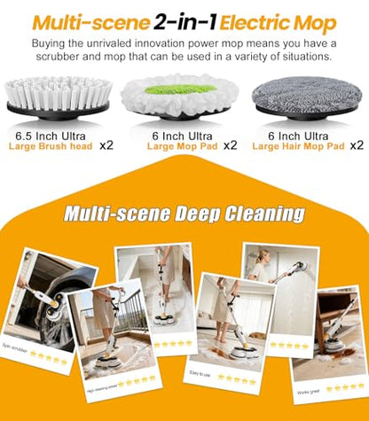 Qimedo Battery Electric Mop, Cordless Electric Scrubber & Flat Mop for Floor Cleaning, Best Automatic Spin Mops with Smart Display,Rotating Mops with LED Light & Water Spray