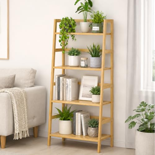 Bamboo Ladder Shelf, 4-Tier Wooden Ladder Bookshelf & Bookcase Organizer | 50” Freestanding Open Display Storage Shelves, Wood Plant Stand Rack for Small Space, Bathroom, Living Room, Bedroom - color: Natural