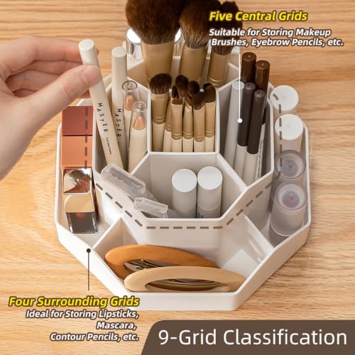 360° Rotating Makeup Brush Holder Organizer with 9 Slots, Makeup Organizers Countertop, Cosmetic Storage for Vanity Desktop Bathroom (White)
