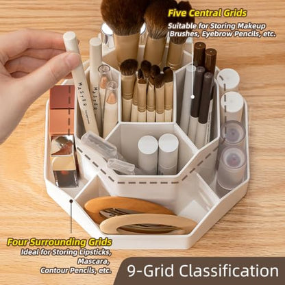 360° Rotating Makeup Brush Holder Organizer with 9 Slots, Makeup Organizers Countertop, Cosmetic Storage for Vanity Desktop Bathroom (White)
