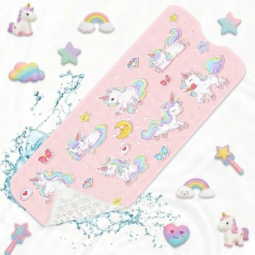 Cute Unicorn Kawaii Bathtub Shower Mat Pink Animal Retro Non-Slip Tub Extra Long Bath Floor 40X16 Inch Machine Washable for Bathroom Tub Bath Mat for Toddler and Baby - color: Pink