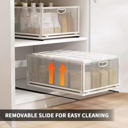Sliding Cabinet Basket Organizer Drawer Self Adhesive Slide out Pantry Shelves Heavy Duty Carbon Steel Slide Cabinet Storage Basket with Handle for Bathroom Kitchen Home - size: Extended Large