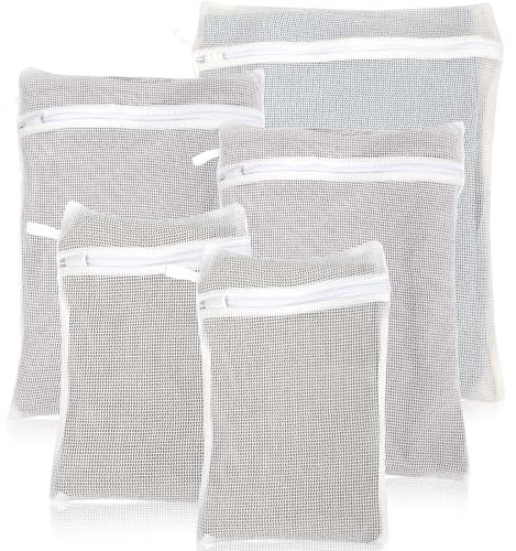 5-Piece Organic Cotton Laundry Bags with Zipper and Hanging Loop, 3 Sizes (S, M, L) Mesh Laundry Bag, Durable Cotton Mesh Laundry Bag for Delicate Underwear and Socks. - color: White