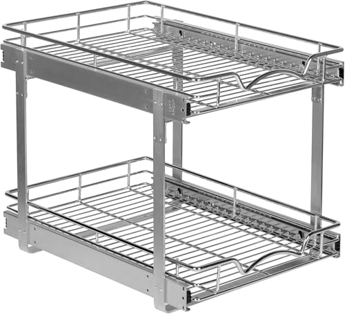 2-Tier Pull-Out Cabinet Organizer for Kitchen, 15" W x 21”D x 16.5" H | Full-Extension Sliding Shelves, Holds 100 lbs, Easy Install for Kitchen, Pantry & Under Sink Cabinets - size: 15 Inch