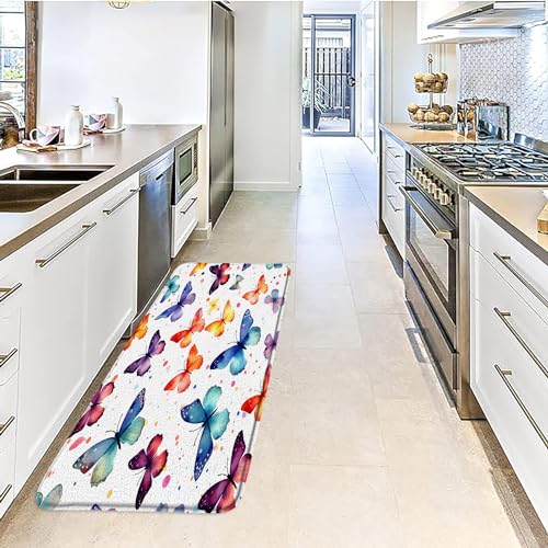 Butterfly Bath Mat Colorful Butterflies Watercolor Wild Animals Aesthetic Memory Foam Bathroom Kitchen Bedroom Livingroom Soft Floor Rug, 24"x70" - size: 24x70 Inch(60x180CM)