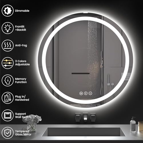 42" x 42" LED Bathroom Mirror with Lights, Backlit & Front Lighted, Wall-Mounted Vanity Mirror 3000K/4000K/6000K, Memory Functions, Anti-Fog, Dimmable Smart Mirror - size: 42"L x 42"W