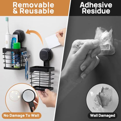 Upgraded Suction Cup Toothbrush Holder with Visible Safety Indicator, Black | Heavy Duty Stainless Steel Shower Electric Tooth Brush and Toothpaste Organizers, Removable, No Drilling, Anti-Puddling - color: Black Pro