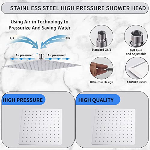 Rain Shower Head Brushed Nickel with Extension Arm 16 Inch Square Shower Head with 16 Inch Shower Arm Large Stainless Steel Rainfall Showerhead Waterfall Full Body Coverage - color: Brushed Nickel, size: 16inch