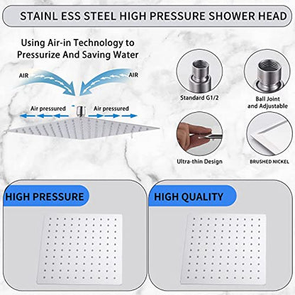 Rain Shower Head Brushed Nickel with Extension Arm 16 Inch Square Shower Head with 16 Inch Shower Arm Large Stainless Steel Rainfall Showerhead Waterfall Full Body Coverage - color: Brushed Nickel, size: 16inch