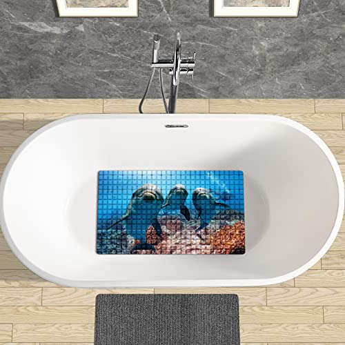 Bath Tub Mat Non Slip Shower Mat Three Dolphins Swiming in The Sea Extra Long Bathtub Mat 26.8x15 inches Bathroom Bath Mat with Suction Cups Drain Holes Machine Washable - color: Three Dolphins Swiming in the Sea