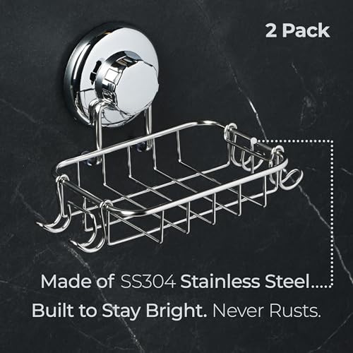 HASKO 2-Pack Suction Cup Soap Holder – Bar Soap Dish for Shower with Hooks for Bathroom – Optional Mounting with Adhesive Tape or Glue – Includes 2 Soap Savers – Stainless Steel SS304 - Silver - color: Silver (2 Pack)