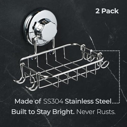 HASKO 2-Pack Suction Cup Soap Holder – Bar Soap Dish for Shower with Hooks for Bathroom – Optional Mounting with Adhesive Tape or Glue – Includes 2 Soap Savers – Stainless Steel SS304 - Silver - color: Silver (2 Pack)