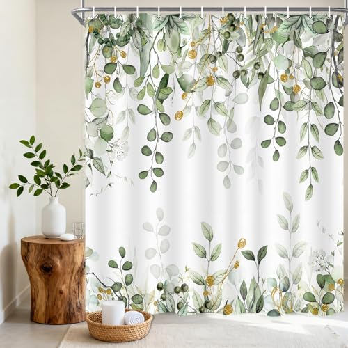 Sage Green Eucalyptus Leaves Shower Curtain, Watercolor Plants Foliage Floral Bathroom Curtains, Cottagecore Waterproof Botanical Fabric Cloth Shower Curtain Set with Hooks 72X72 Inch - color: Green, size: 72"W x 72"L (Pack of 1)