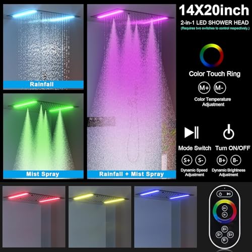 Bathroom Shower System,4 Functions Digital Temperature Display Diverter Valve,Ceiling 14x20" 2-Function Shower Head and 8 inch Wall Mounted Shower Head Combo,Handheld Shower Matte Black - color: Matte Black