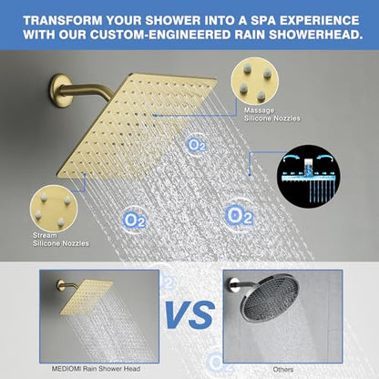Solid Metal Rain Shower Head, Square High Flow Rainfall Shower Head with Shower Arm and Flange, Reinforced Explosion-Proof Stainless Steel Construction (10-Inch, Brushed Gold) - color: Brushed Gold, size: 10 Inch