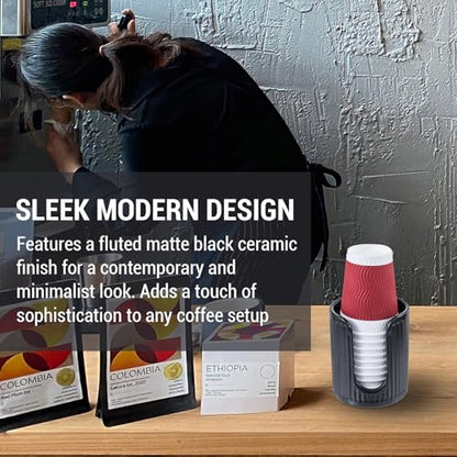 Modern Fluted Matte Black Ceramic Coffee Cup Dispenser Holder – Stylish Disposable Paper Cup Dispenser for Kitchen, Coffee Bar, or Office Countertop