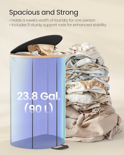 SONGMICS Laundry Hamper, Laundry Basket with Lid, 23.8 Gal. (90 L), with Removable Liner Bag, for Laundry Room, Bedroom, Living Room, Ink Black and Light Bamboo ULCB547B01 - color: Ink Black, size: 90 L (1-Section with Half Moon)