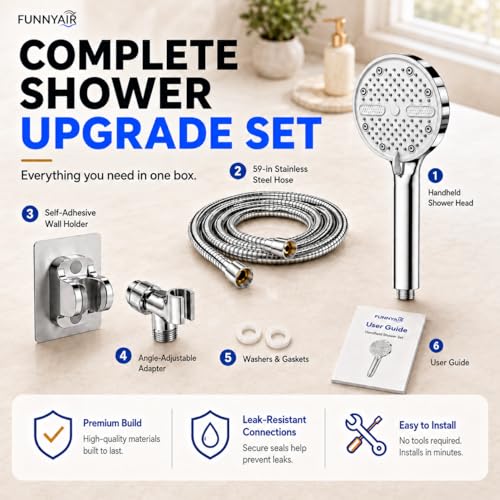 High Pressure Shower Head, Stick-on Low Mount Wall Bracket, Chrome | 5 Spray Modes, Water-Saving, 360° Adjustable Bracket, For Low Water Pressure Home, RV, Bathroom, Fix Firmly Kid-Friendly - color: Chrome