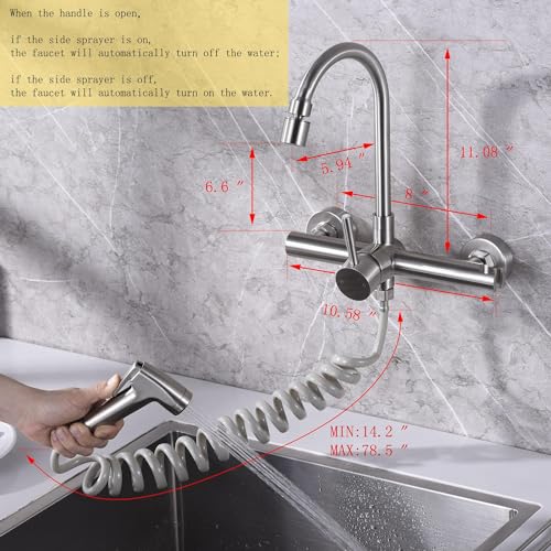 Wall Mount Kitchen Faucet with Side Sprayer, Commercial Sink Faucet 8 Inch Center, 360 Swivel Spout, Dual Functional Sprayer, Utility Sink Mixing, 304 Stainless Steel, Brushed Nickel Finish - color: E Style, Nickel Brushed