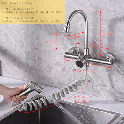 Wall Mount Kitchen Faucet with Side Sprayer, Commercial Sink Faucet 8 Inch Center, 360 Swivel Spout, Dual Functional Sprayer, Utility Sink Mixing, 304 Stainless Steel, Brushed Nickel Finish - color: E Style, Nickel Brushed