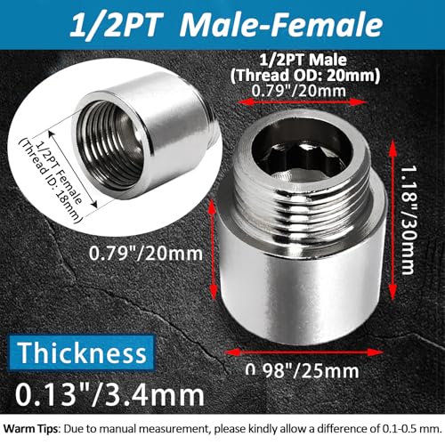 Shower Head Extension Arm, 20mm/0.78 Inch, 2pcs | 1/2PT Male to 1/2PT Female Thread, Stainless Steel, Cast Pipe Fitting Coupler - size: 20 mm