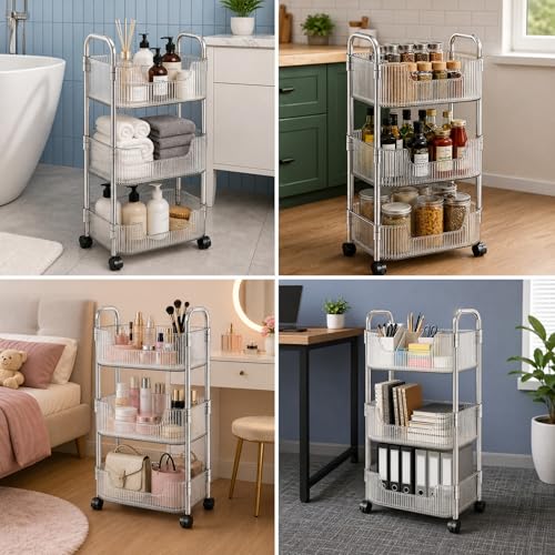 3 Tier Rolling Cart with Wheels, Clear Plastic Storage Cart with Stainless Steel Frame, Slim Narrow Organizer for Bathroom, Kitchen, Laundry Room, Vanity, Dorm, Easy Assembly